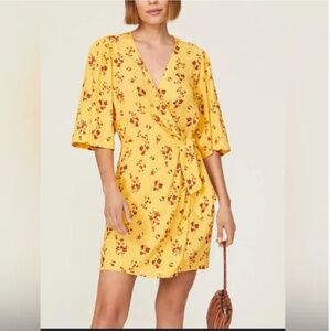 THAKOON COLLECTIVE Yellow & Red Floral Crepe Short Sleeve Wrap Dress Size 10